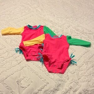 Ruffle Butts Neon Pink, Green and Yellow Swimsuit. Twin Girls. 6-12 months.